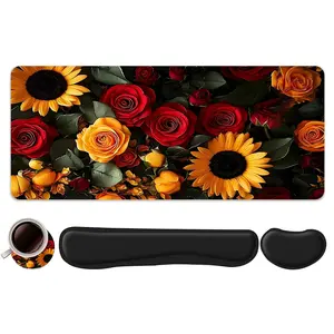 4pcs Sunflower Rose Floral Design Mouse Pad + Keyboard Wrist Rest + Ergonomic Mouse Pad + Coaster Set, Office Accessories Set with Ergonomic Wrist Support, Computer Mat for Desktop Decoration, Suitable for Home Office Gaming