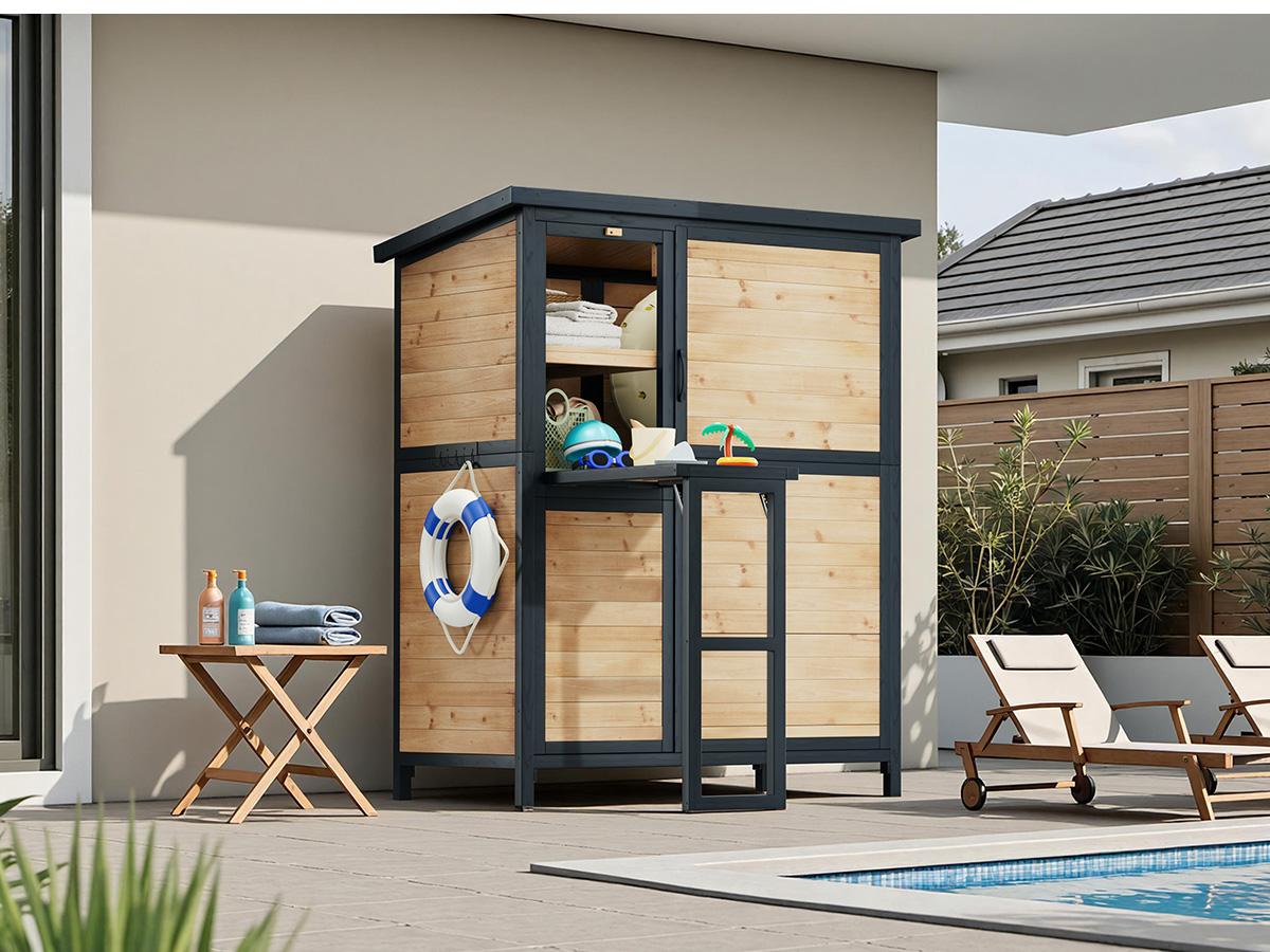 AMERLIFE Solid Fir Wood Outdoor Storage Shed, Garden Tool Shed with Foldable Workbench, Adjustable Shelves, Sloping Roof, Weatherproof Utility Cabinet for Backyard, Patio, Lawn, Poolside