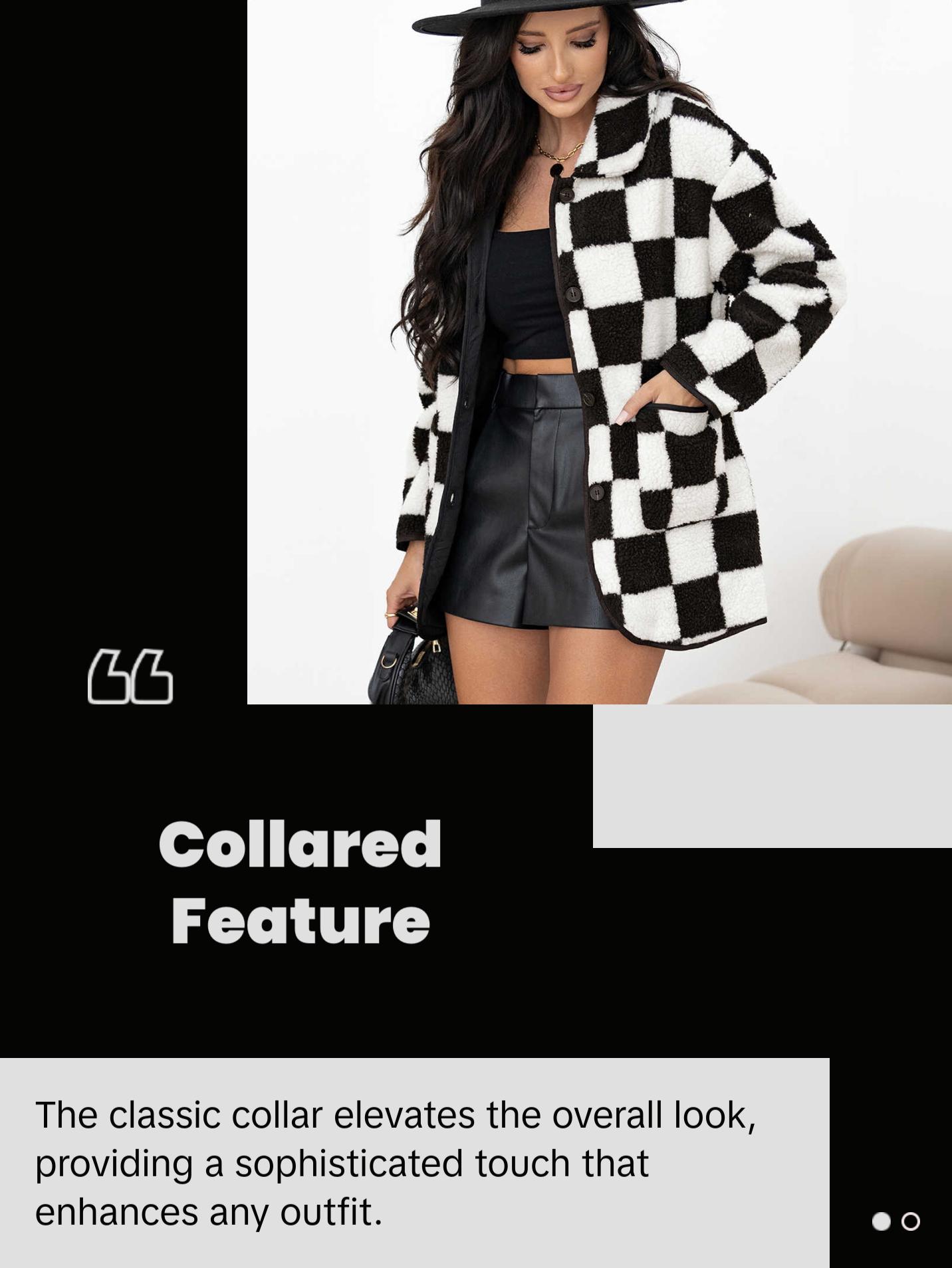 Cali Chic Women Jackets Black Checkered Side Pockets Collared Buttoned Fleece  Coats Womenswear Outerwear