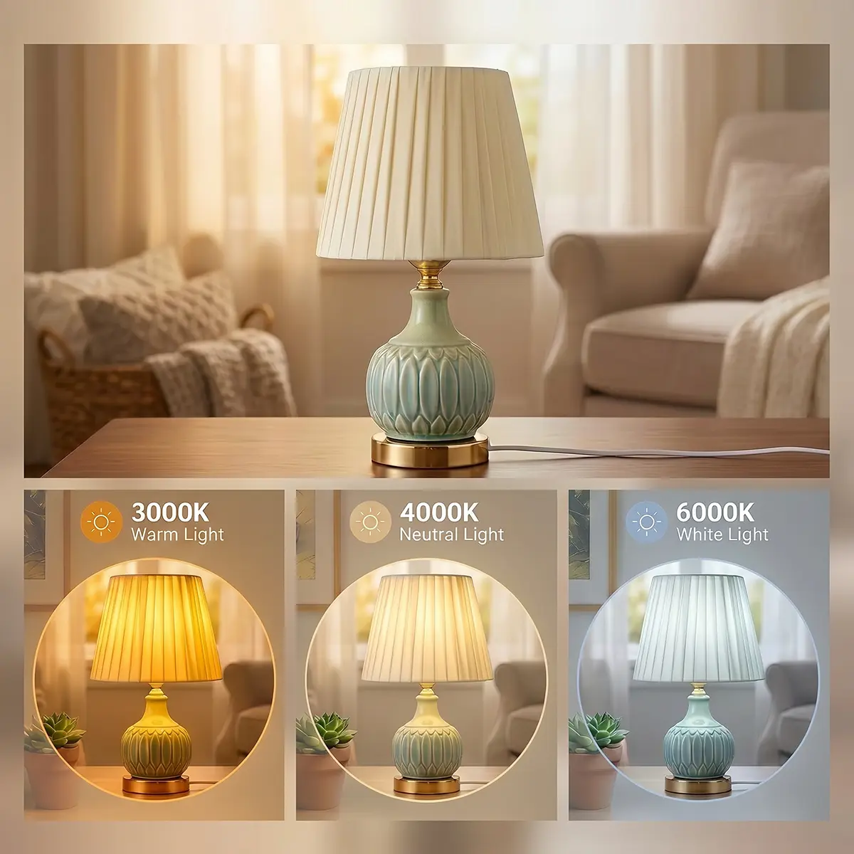 Retro Ceramic Dimmable Table Lamp - Fabric-Accented, Bulb-Included Unisex Indoor Book Light with 3-Color Adjustable Glow for Bedroom, Living Room Use