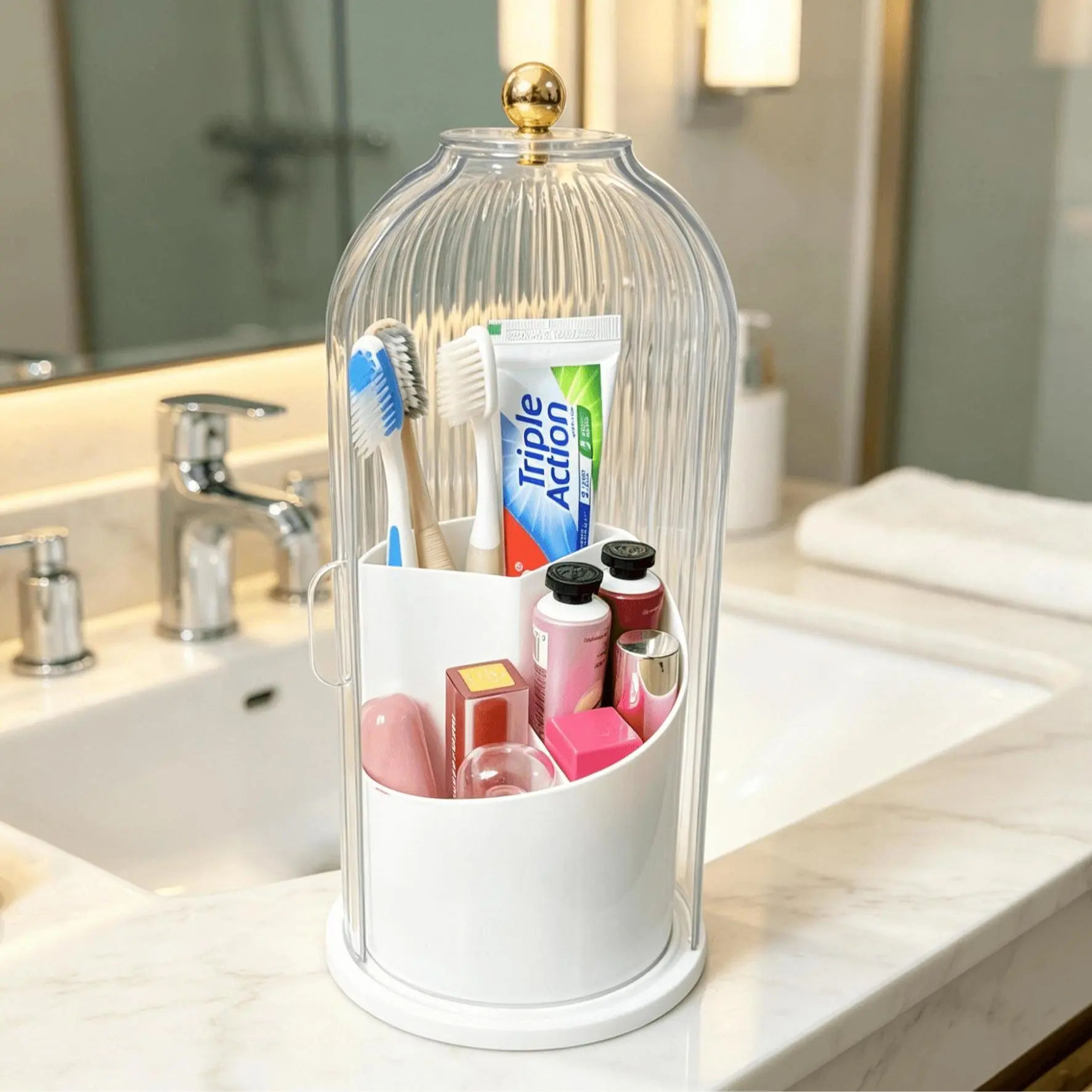 Dustproof Toothbrush Holders with Cover, Rotating Electric Toothbrush and Toothpaste Holder for Bathroom Countertop,3 Slots Makeup Brushes Organizer,Vanity Organizer,Tooth Brush Holder for Bathroom,Toothbrush Case,Makeup Organizer,Home Essential