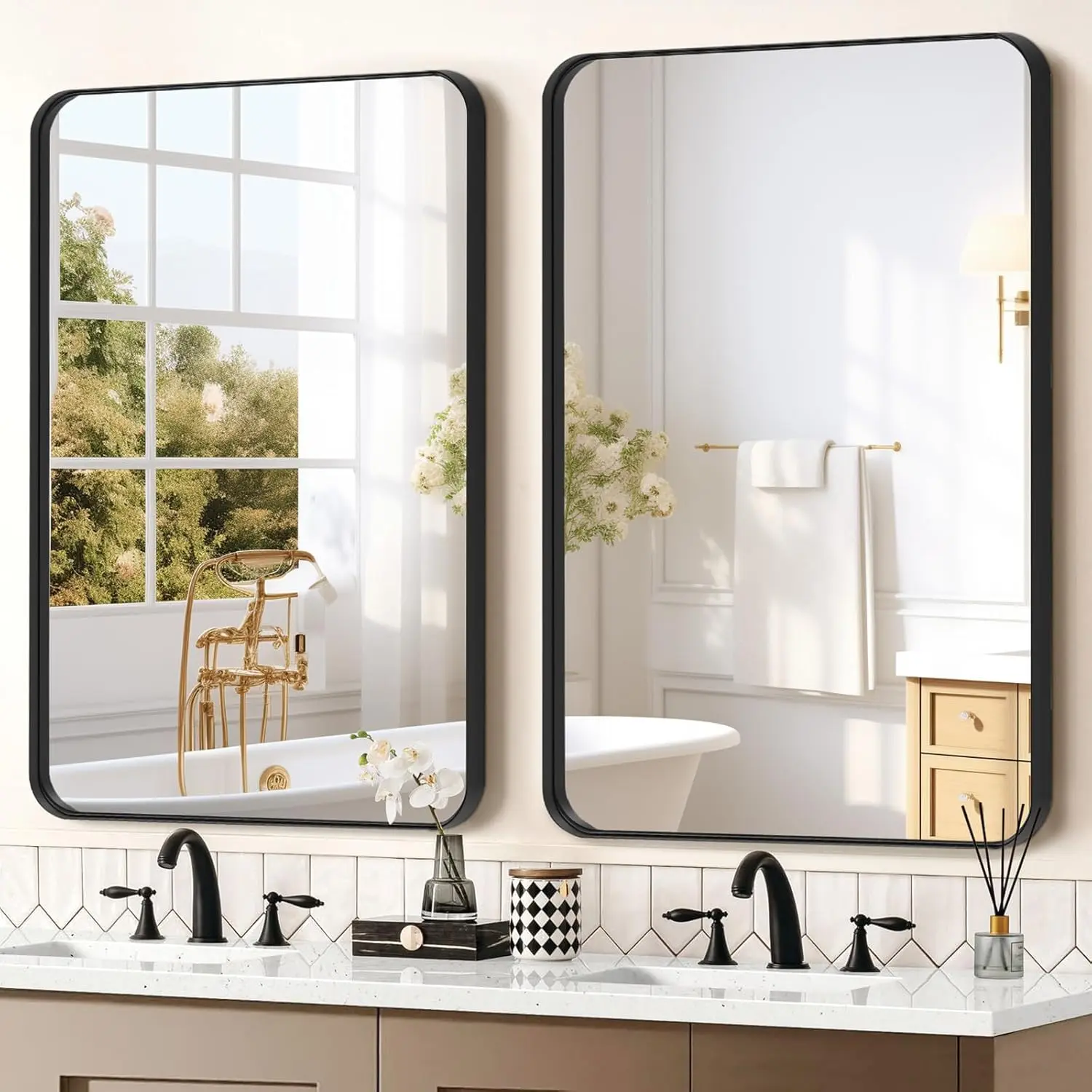 2-Pack Black Aluminium Frame Rectangle Wall Mirrors, 24"x36" Glass Vanity Mirrors, Decorative Farmhouse Style, Wall-Mounted for Bathroom/Lounge, Horizontal/Vertical Hanging, with Installation Hardware