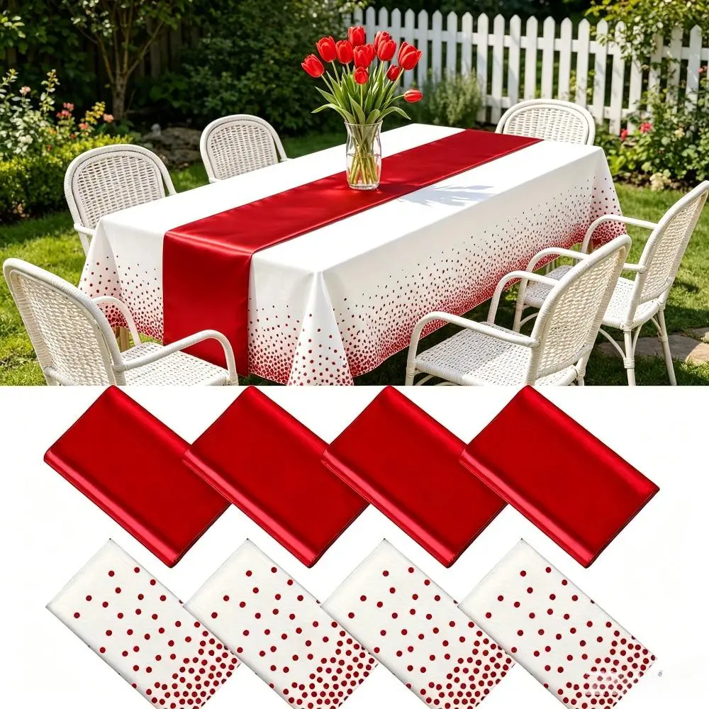 4-Pack Disposable Plastic Tablecloth and Satin Table Runner Set, 54 x 108 in Waterproof Polka Dot Table Covers for Wedding, Birthday, Graduation and Holiday Party Decor