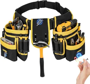 Tool Belt, Tool Pouch,27-Pockets Heavy Duty Padded Tool Belts for Men,Detachable & Adjustable Tool Pouch Bag for Electrician,Carpenter,Construction,Work Apron,Utility Belt,Black,Yellow