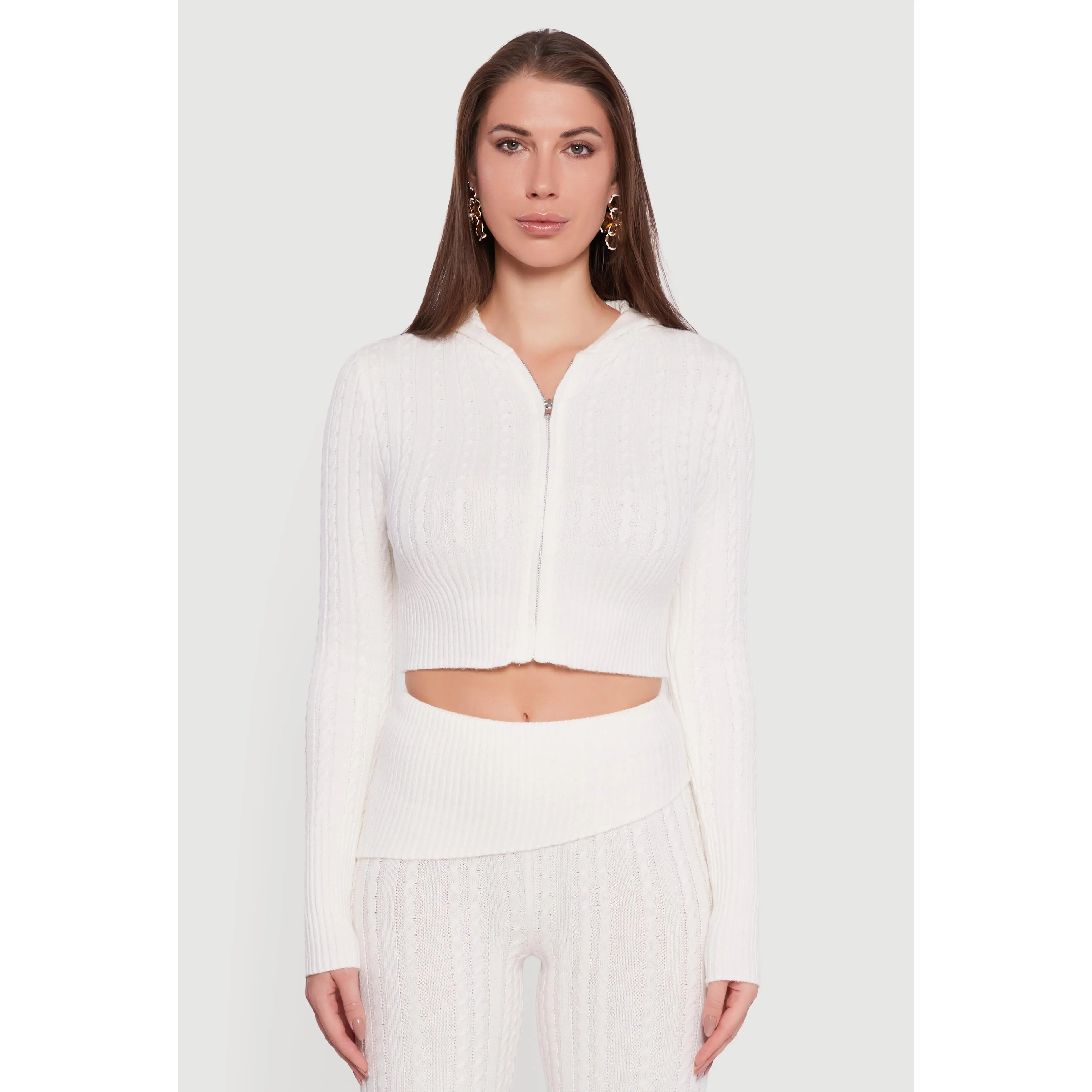 Cable Knit Cropped Zip Front Hoodie