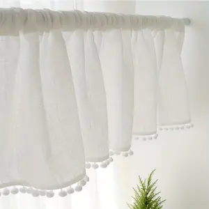 1pc Bohemian Style Sheer Curtain Fabric with Pom-Pom Fringe, Half Curtains with Rod Pocket, Semi-Transparent Filtering Design, Window Curtain