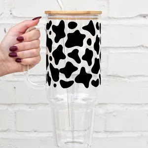 Sip-Sip Hooray! Cow Print Glass Tumbler – Cute Cow Lover Cup with Lid & Plastic and Glass Straws, Iced Coffee Glass, Reusable Aesthetic Drinkware, Gift for Her Bamboo Water Bottle