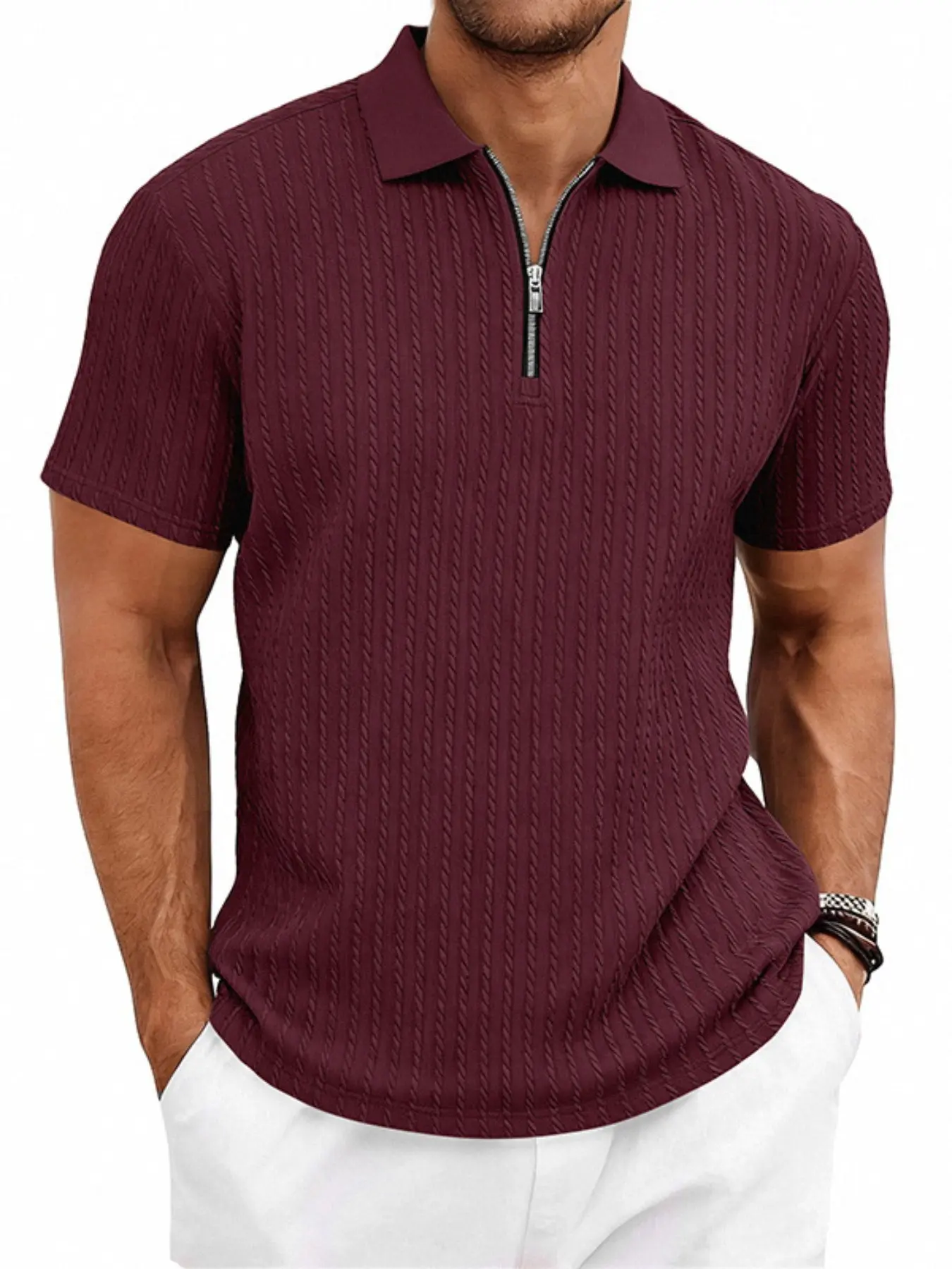 Men's Summer High-Quality Jacquard Fabric Short Sleeve Boxy Polo Shirt, Casual Knit Texture and Half-Zip Collar, Perfect for Beach and Vacation, Menswear Top Plain Textured Polo