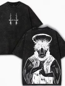 Jujutsu Kaisen Choso Printed T-shirt, Vintage Washed Printed T-shirt, Y2K Street Style Loose Gothic Angel Printed Short Sleeve Cotton T-shirt, Cursed Womb: Death Paintings Top, Summer Fashion Loose Crew Neck Unisex T-shirt for Anime Fans