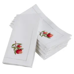 SARO NM159.W20S 20 in. Square Embroidered Pomegranate & Leaves Hemstitch Design Cotton Napkins - White Set of 6