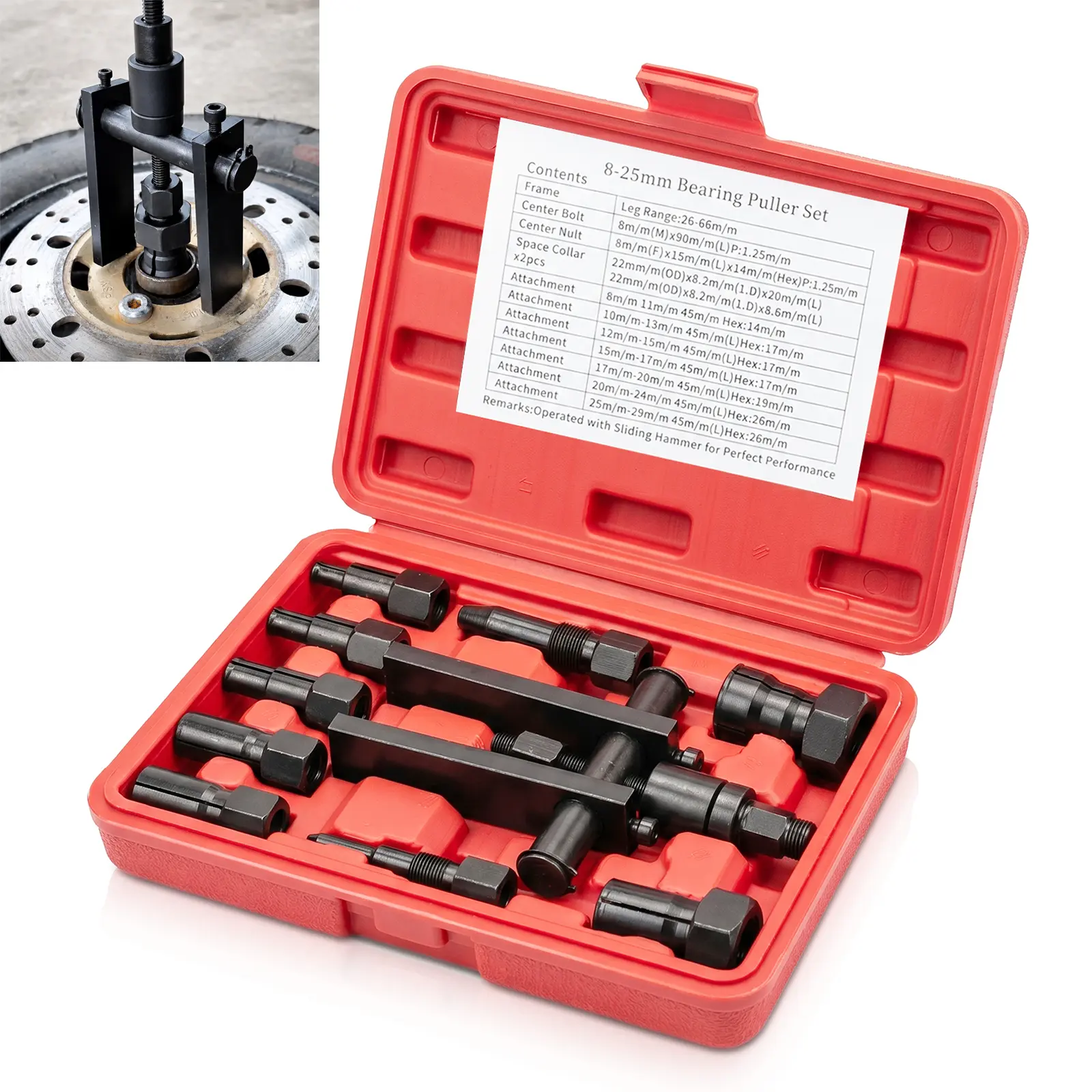 Motorcycle Bearing Puller Tool Kit, Blind Hole Inner Bearing Extractor Set, 8-25mm 10-Collet Wheel Bearing Removal Tools for Motorcycles, ATVs, Scooters, Forged Alloy Steel, Red Storage Case
