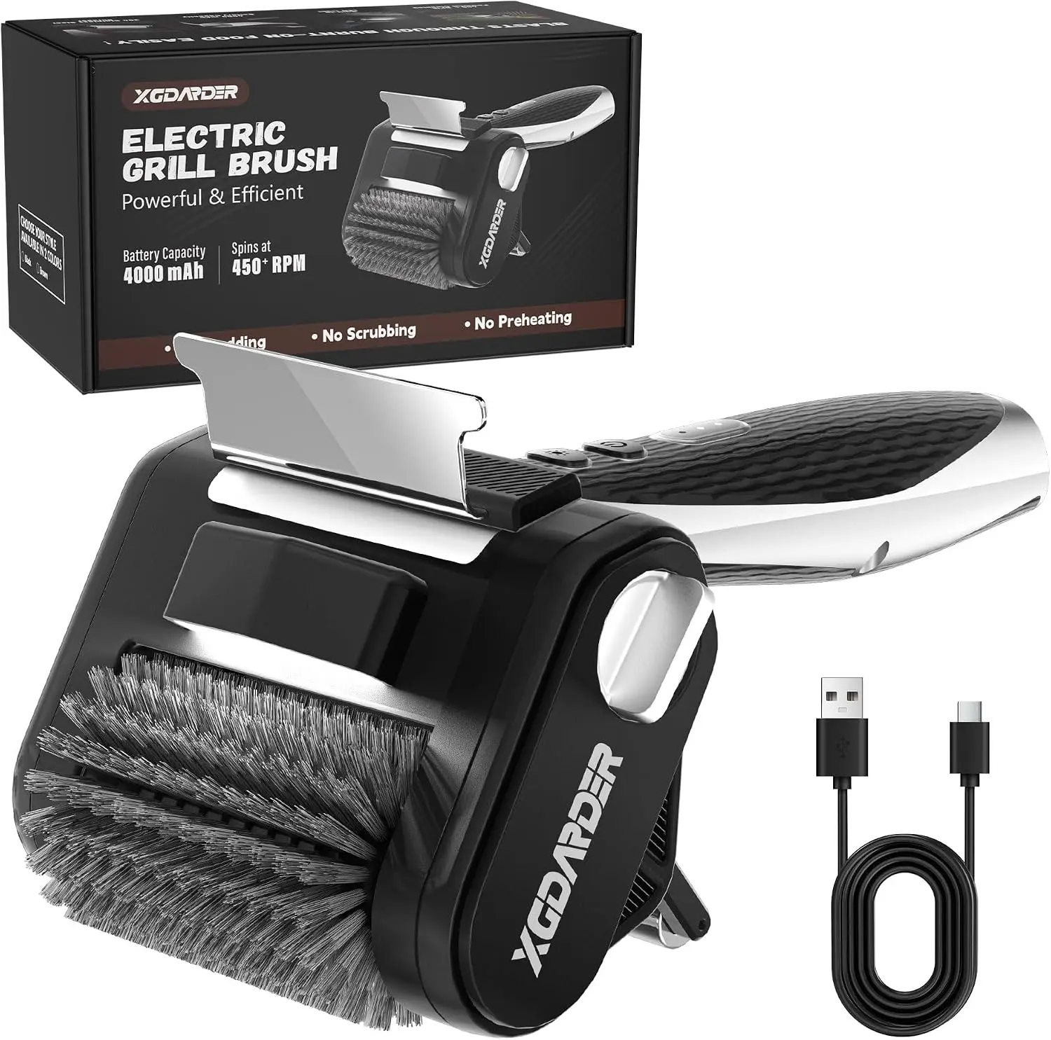 Electric Grill Brush for Outdoor Grill, Rechargeable BBQ Grill Cleaner Stainless Steel Brush with 450RPM Stainless Roller,LED Light, Scraper,Grilling Gifts for Men/Dad