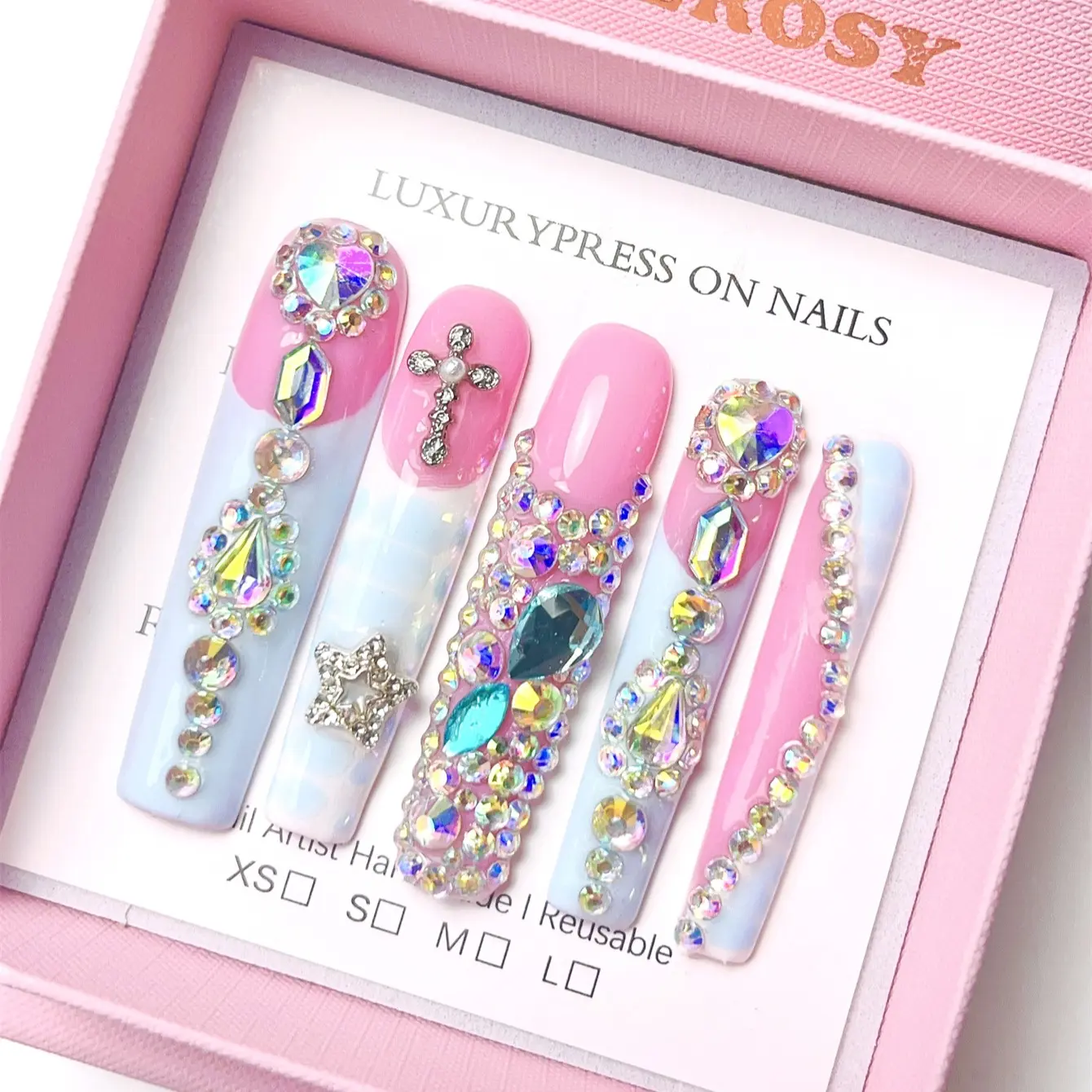 10PCS Handmade Press On Nails Fake Nail Tips Extra Long Square Pink Nail Supplies Include Nail Tool Buffer Jelly Gel Stickers Y2K DIY Diamond Design, Nail Art Diy, Glitter Rhinestone Decor, Handmade Reusable Nails
