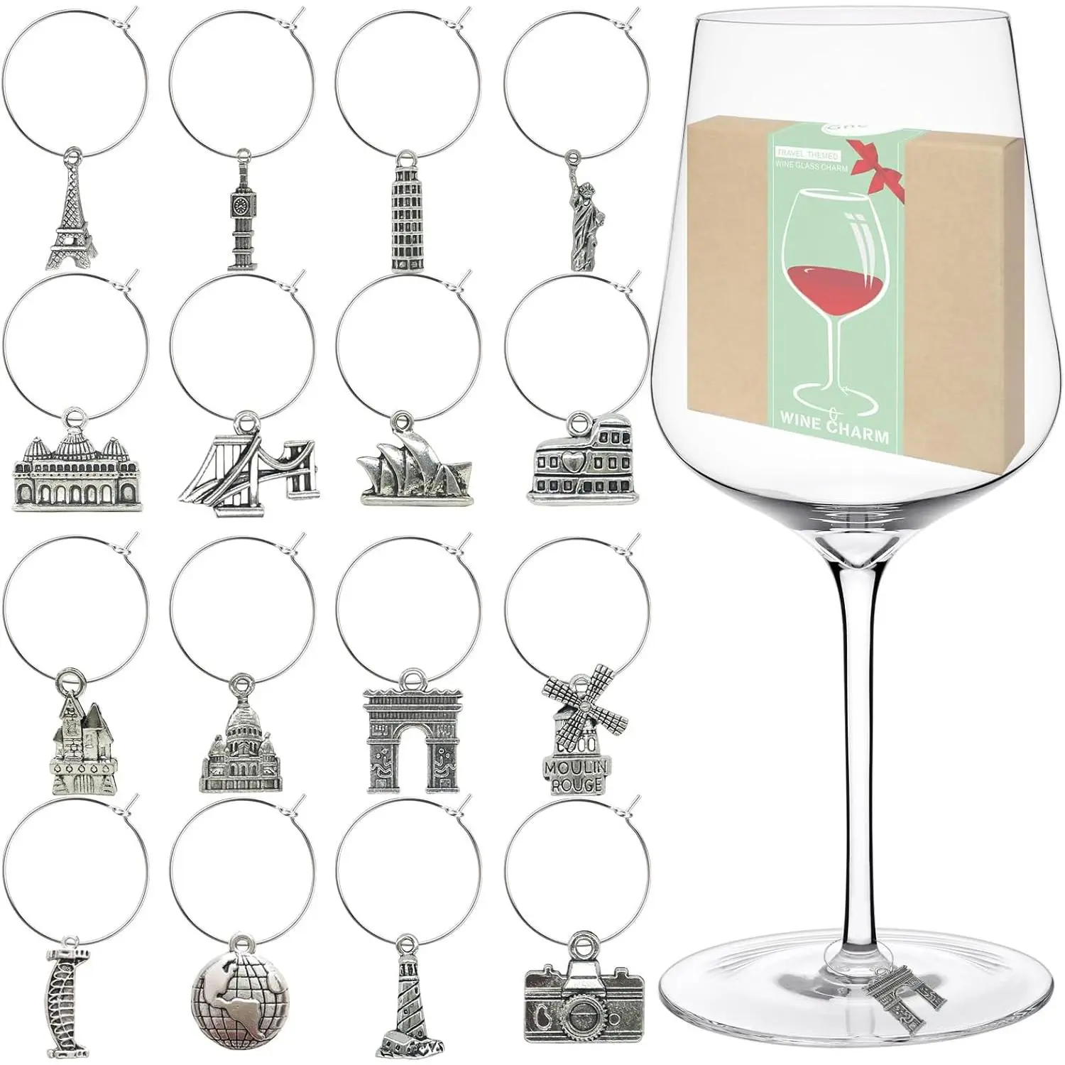 16 count  Glass Charms, Charms for Stem Glasses, Glass Markers Tags, Tasting Party Gifts Favors Decorations Supplies