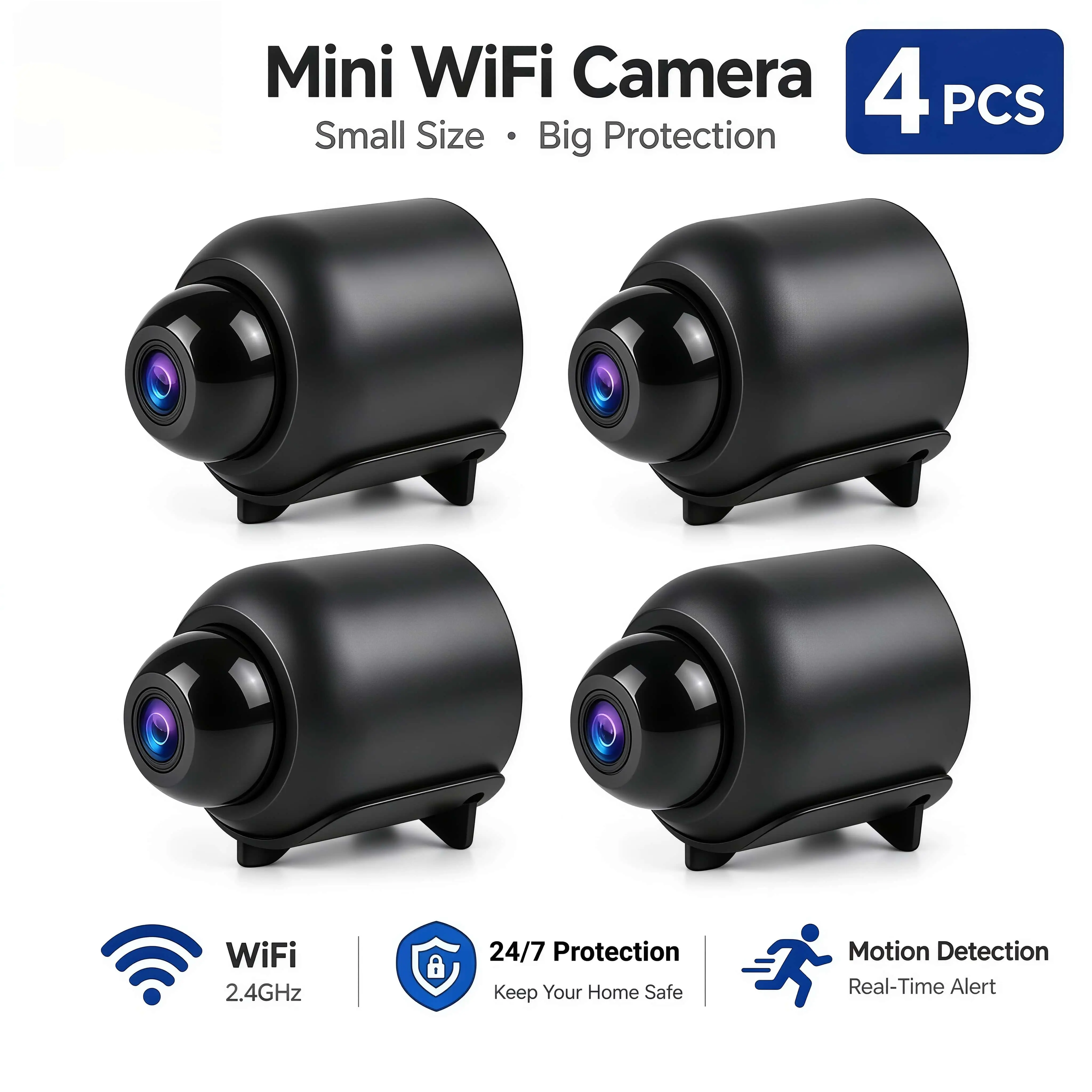 4 Pack Mini 1080P WiFi Security Camera, 2.4GHz Wireless Indoor Camera, Night Vision, Human Motion Detection, Remote App Control, SD Card & Cloud Storage, Home Baby Pet Surveillance Camera