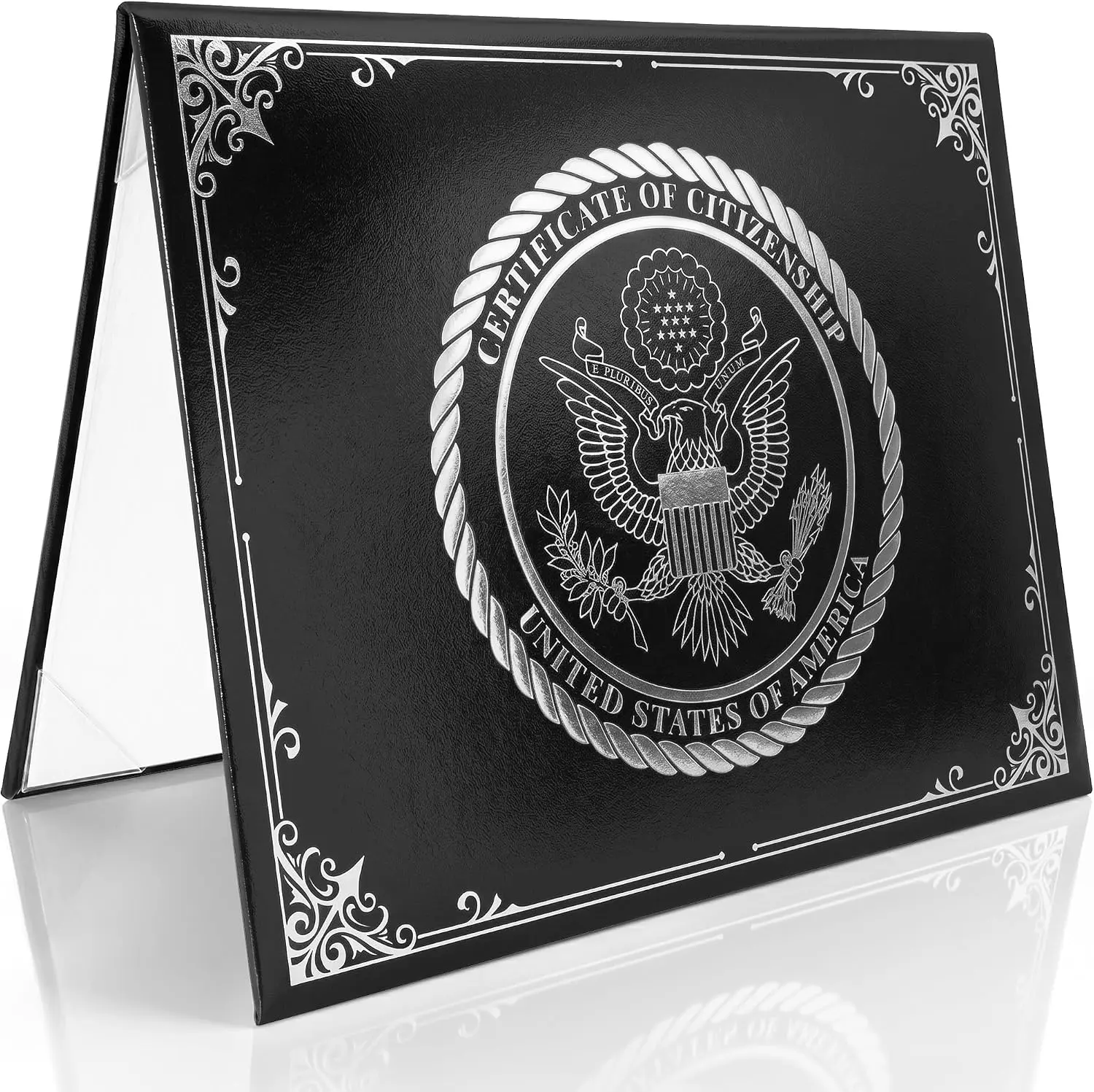 US Citizenship Certificate Holder - Faux Leather Certificate Protector - Silver Foil Naturalization Document Folder - American Citizenship Gifts - Professional Certificate Covers