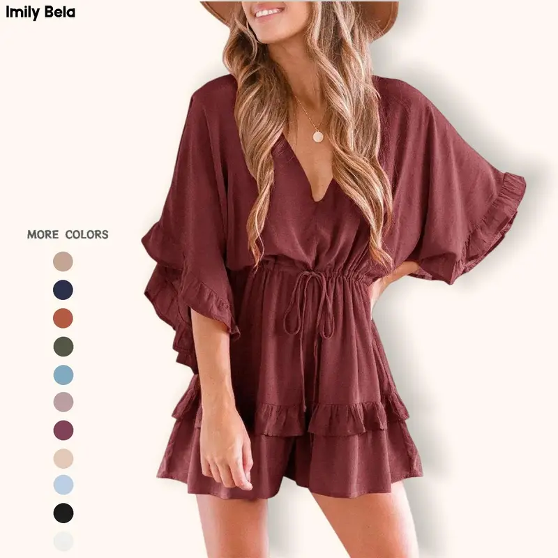 Imily Bela Womens V Neck Beach Romper Ruffle Layered Drawstring Waisted Shorts cute Jumpsuit