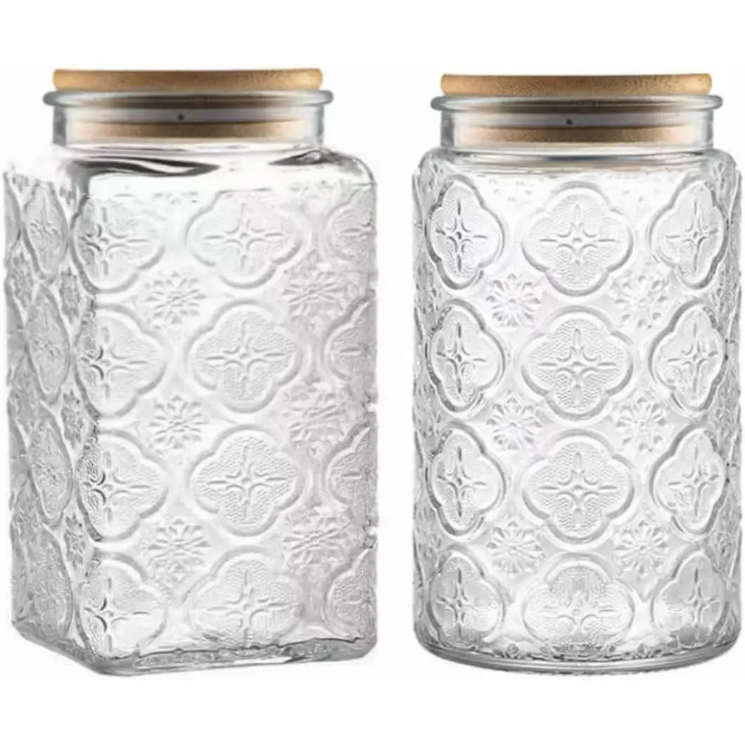 MIUVA Retro Airtight Glass Jars with Bamboo Lids, 34 FL OZ Square-Round Kitchen Canisters, Durable Food Sealing Containers for Coffee, Grains, Honey Pot Use, Christmas Decorations & Gift Idea Storage Bottles & Jars, Grains Storage Bottles & Jars