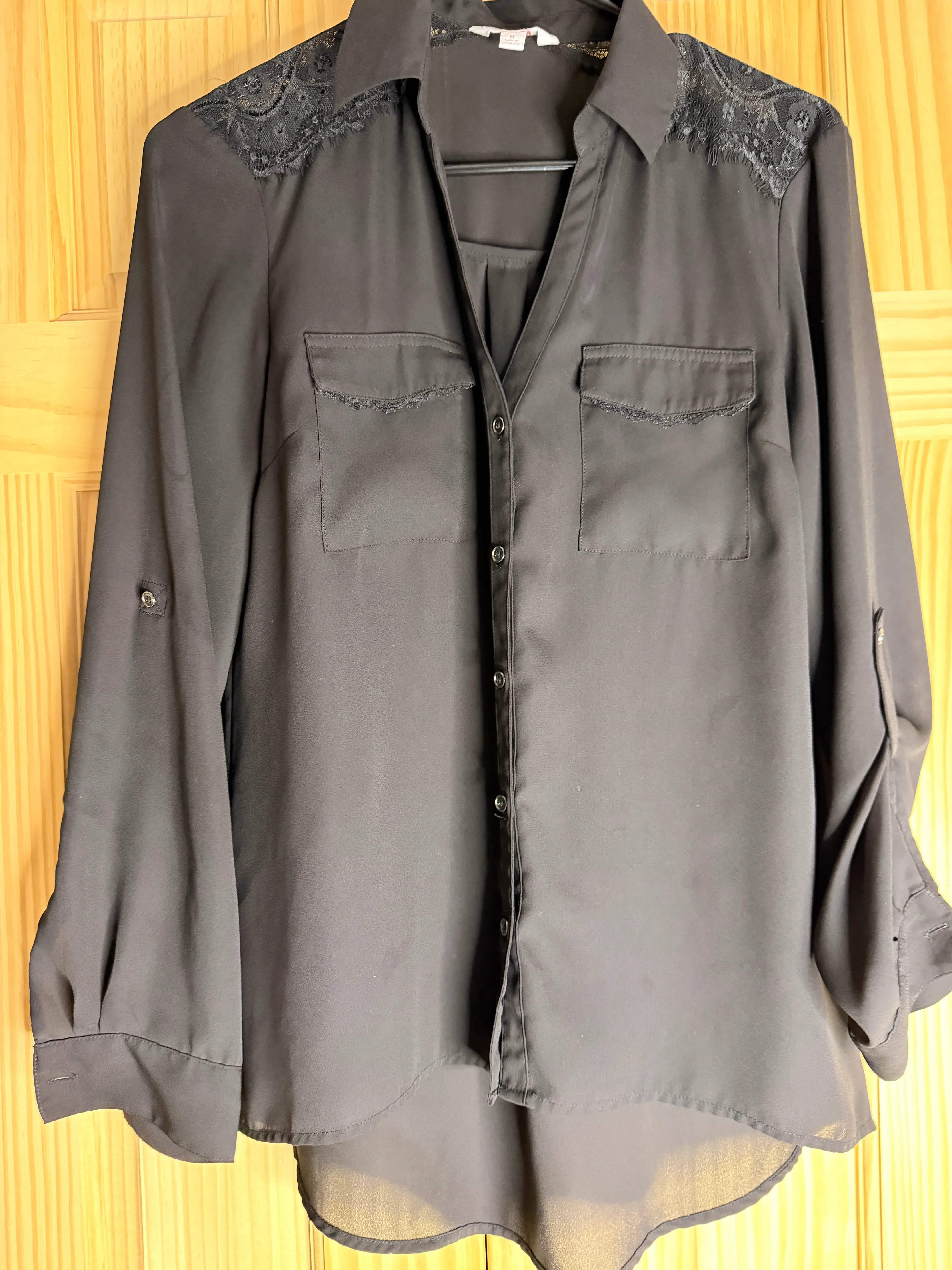 Candie's Black Sheer Button Front Blouse with Lace Detail | Women's Medium