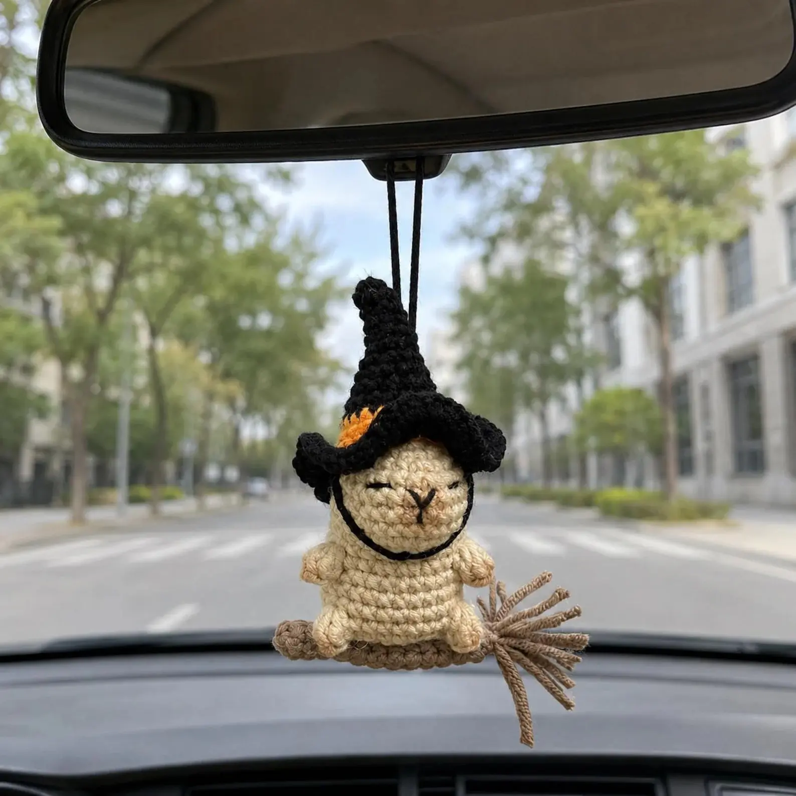 Crochet Capybara Witch Car Charm, Handmade Halloween Mirror Accessory, Cute Spooky Car Decor, Amigurumi Capybara Hanging, Halloween Gift