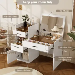 3-in-1 Vanity Desk with Flip Top Mirror, Glass Top Compact Makeup Vanity & Hidden Storage, Vanity Table with 3 Drawers and Cabinet, Space-Saving Dressing Tablefor Bedroom