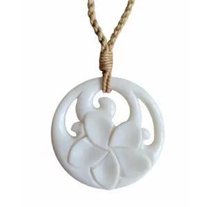 Hawaii Jewelry Plumeria Flower Buffalo Bone Carved Pendant Necklace Choker