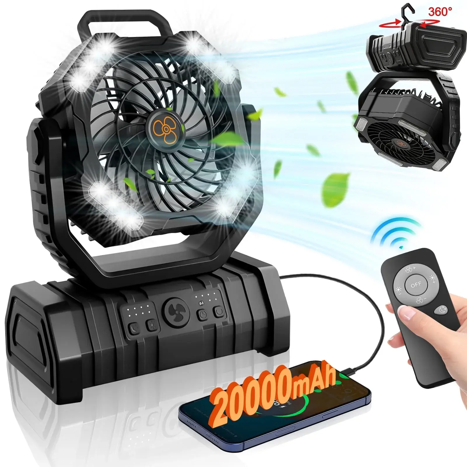 Camping Fan,Portable Fan with LED Lantern,20000Mah Rechargeable Battery Powered Fan with 270°Head Rotation, 4 Speed Tents Fan for Camping Picnic, Barbecue, Fishing, Travel, Home, Black WLRETMCI