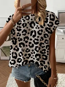 Spring Summer Women's Leopard Print Knit Top, Round Neck Shoulder Pad Loose Fit, Casual Elegant Commuter Wear, Bikini Cover-Up, Womenswear