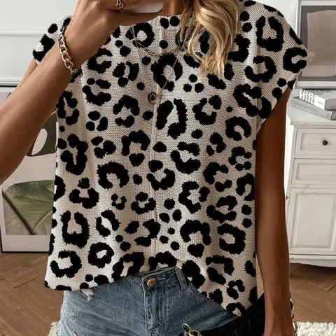 Spring Summer Women's Leopard Print Knit Top, Round Neck Shoulder Pad Loose Fit, Casual Elegant Commuter Wear, Bikini Cover-Up, Womenswear, Boho fashion top