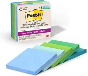 Post-It 100% Recycled Paper Super Sticky Notes, 3 In. X 3 In., 5 Pads, 70 Sheets per Pad, Oasis Collection, School Supplies and Office Products 3M