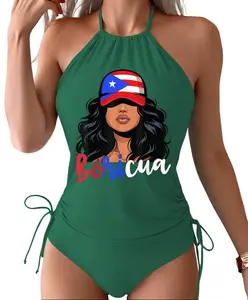 Proud Boricua Two-Piece Tankini Set with Puerto Rican Flag for Summer, Featuring a Drawstring Halter Neck And Tummy Control summerwins