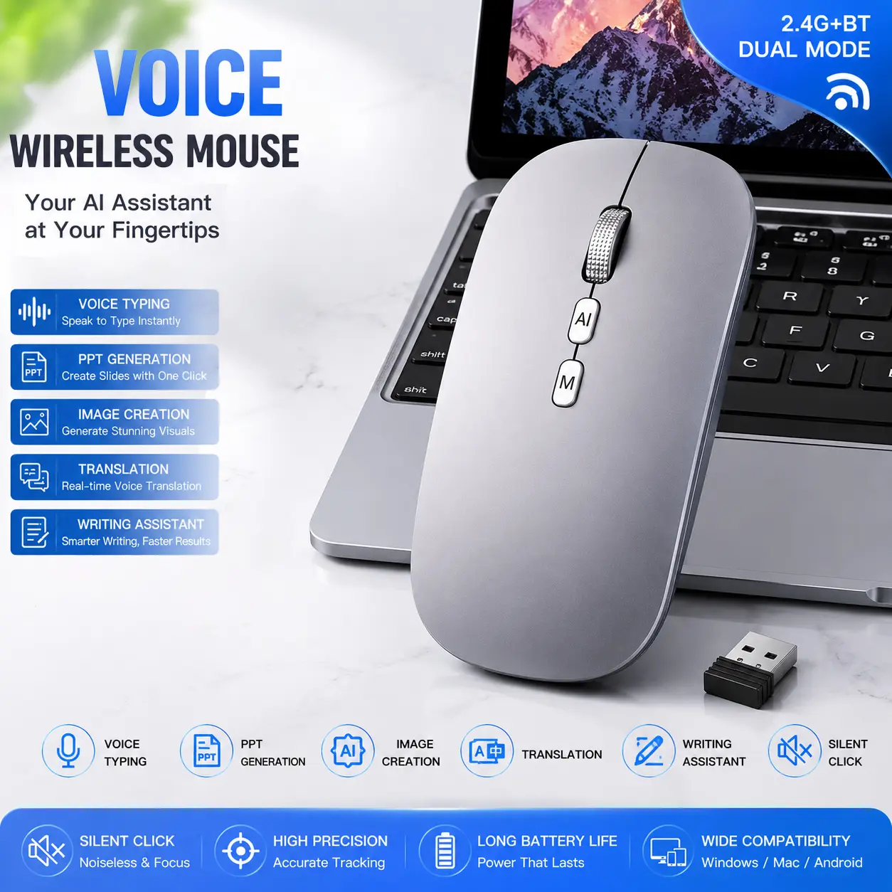 Smart Wireless Mouse, 2.4G+ Dual Bluetooth, VoiceTyping, Dialect speaking typing, Screenshot wordtranslation,120 Languages, Translation Bluetooth 3-modeconnection, Type-C charging