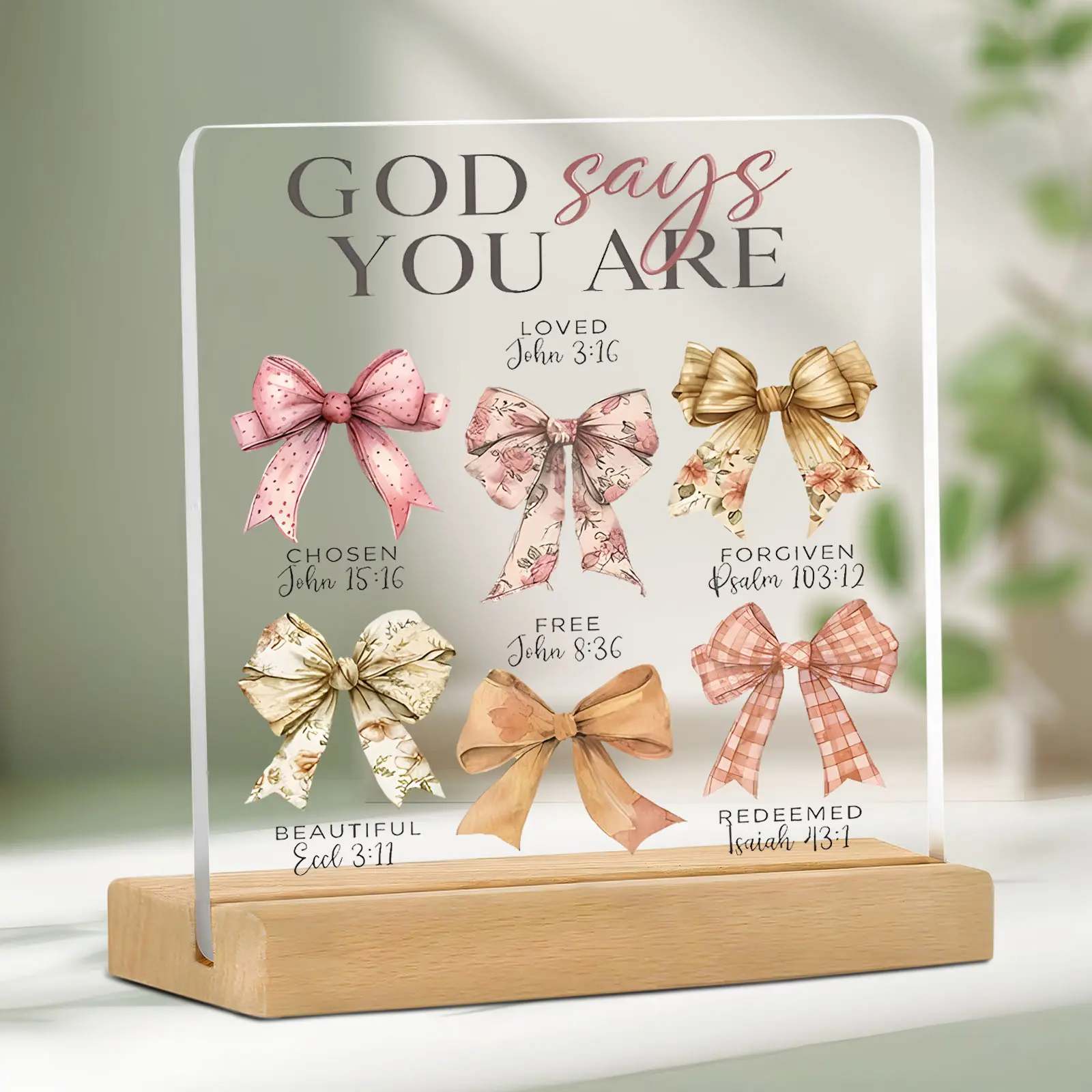 Christian Bow Decor, Personalized Plaque, Religious Bible Decoration for Women, Inspirational Christian Gift with Acrylic Sign and Wooden Desk Stand