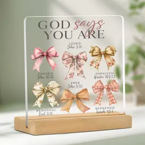 Christian Bow Decor, Personalized Plaque, Religious Bible Decoration for Women, Inspirational Christian Gift with Acrylic Sign and Wooden Desk Stand