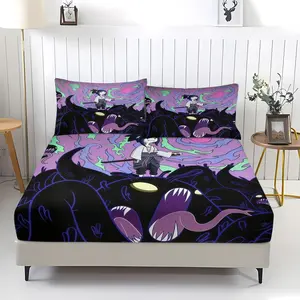 Anime Ninja Samurai Fitted Sheet Set (3 Piece, Includes 1 Fitted Sheet + 2 Pillowcases), Cartoon Monster Print Bedding for Teens & Anime Fans, Bedroom Decor