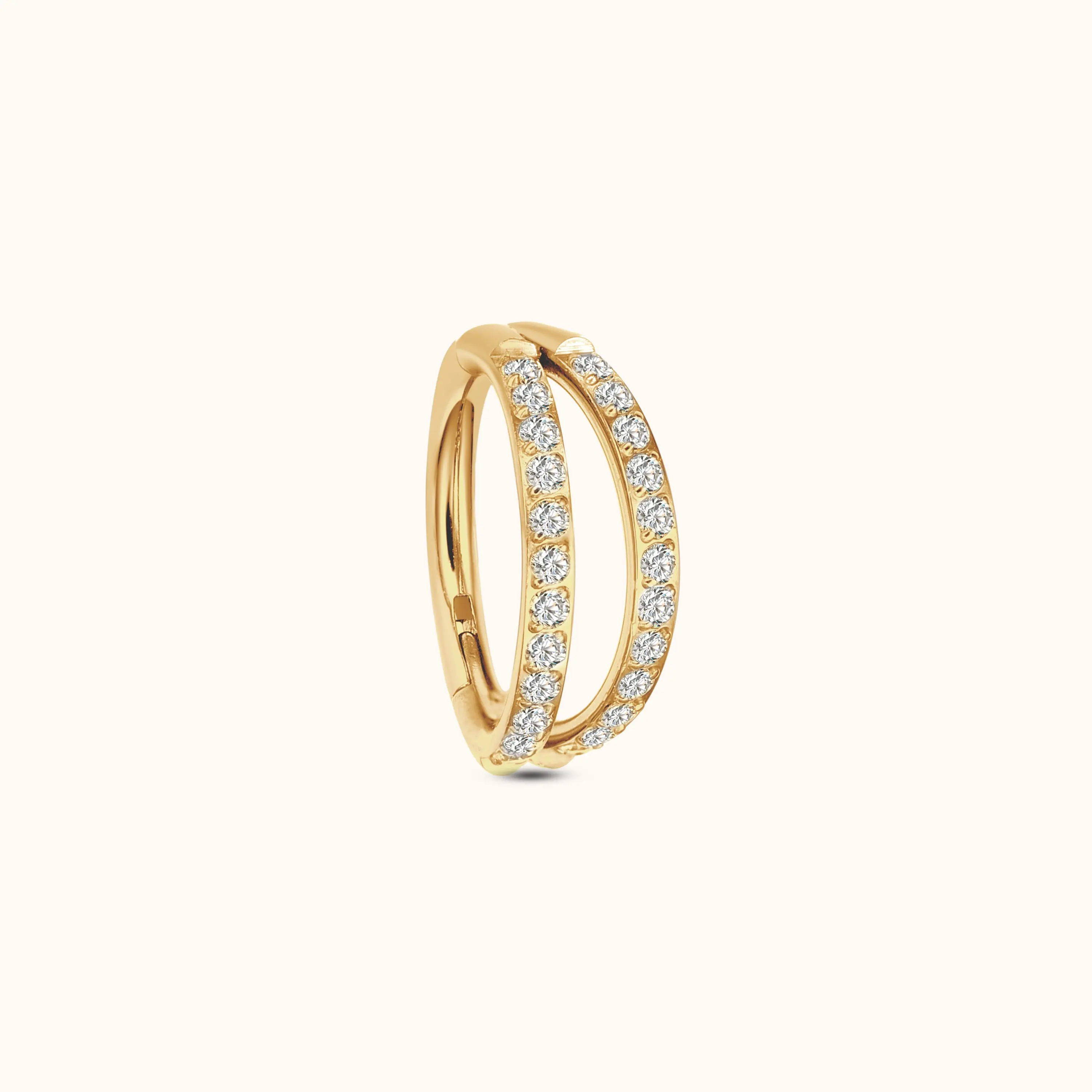 Double Circle CZ Pave Clicker Titanium PVD Gold Hinged Hoop Earring