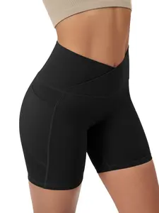 ODODOS Cloud Feeling Cross Waist Yoga Shorts with Pockets for Women, 6" Crossover High Waist Lounge Biker Shorts