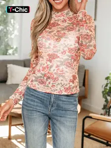 Spring & Fall Fashion Vintage Floral Print Half High Neck Breathable Mesh Long Sleeve Fitted Top, Women's Casual Elegant Blouse, Stylish Daily Wear, Womenswear