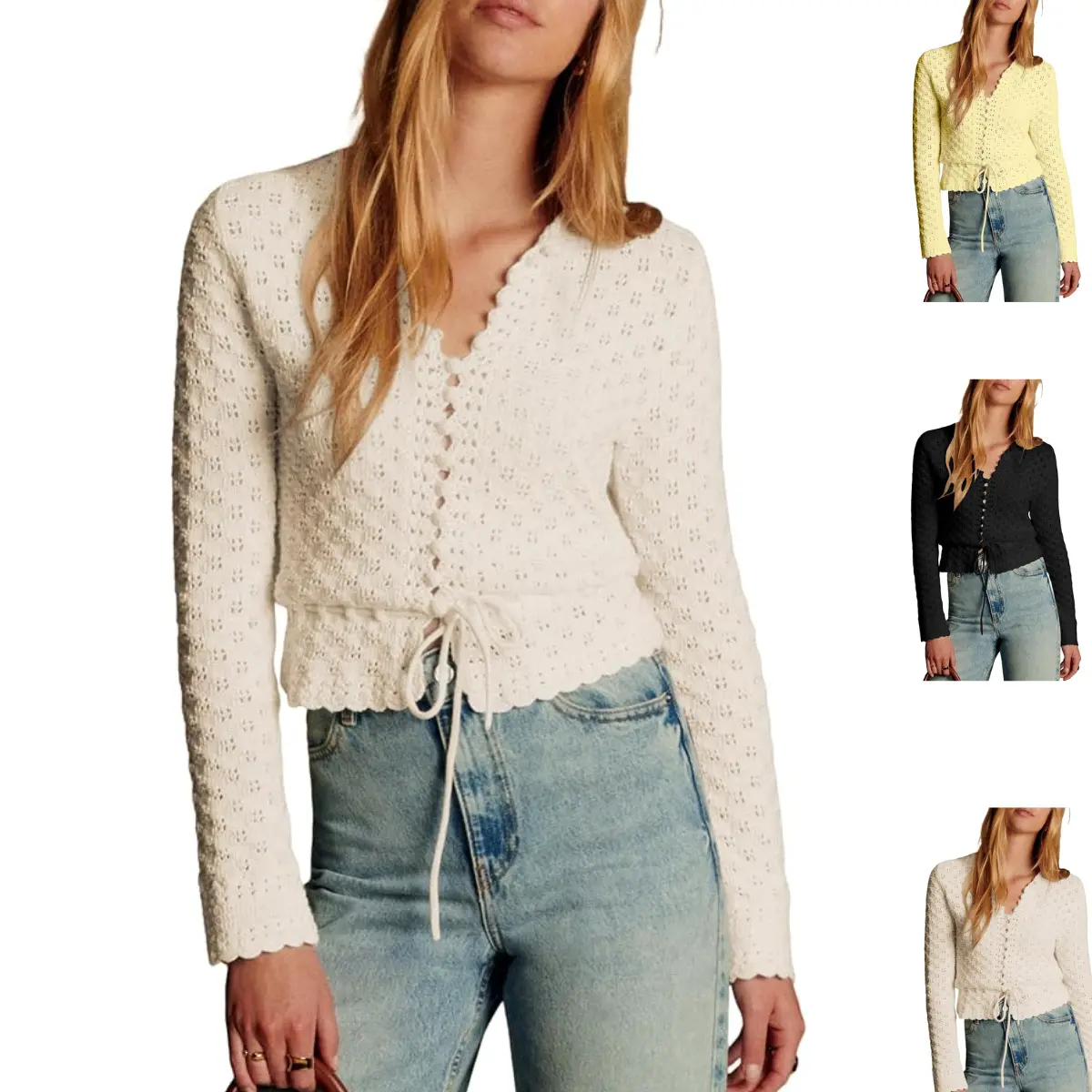 SCUSTY Women’s Casual Long Sleeve Crew Neck Crochet Cardigan Lightweight Hollow Out Tie Front Knit Short Sweater Tops