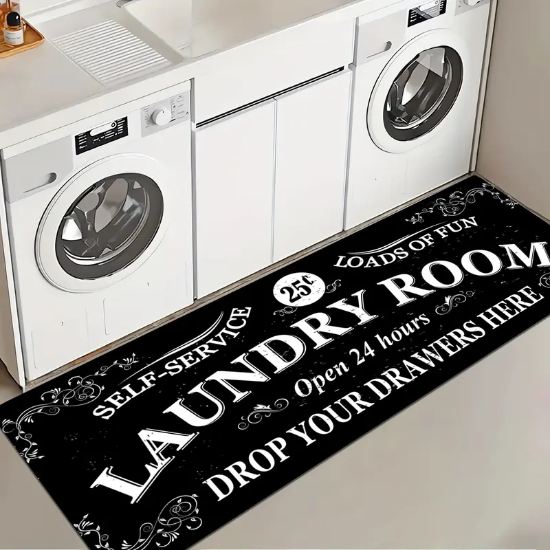 1 Pc Black Background Laundry Room Rug Soft And Comfortable Long Strip Carpet Printed Mat Anti Slip Floor Mat Suitable For Kitchen Living Room Bedroom Sink Laundry Room Decoration Carpet Mat