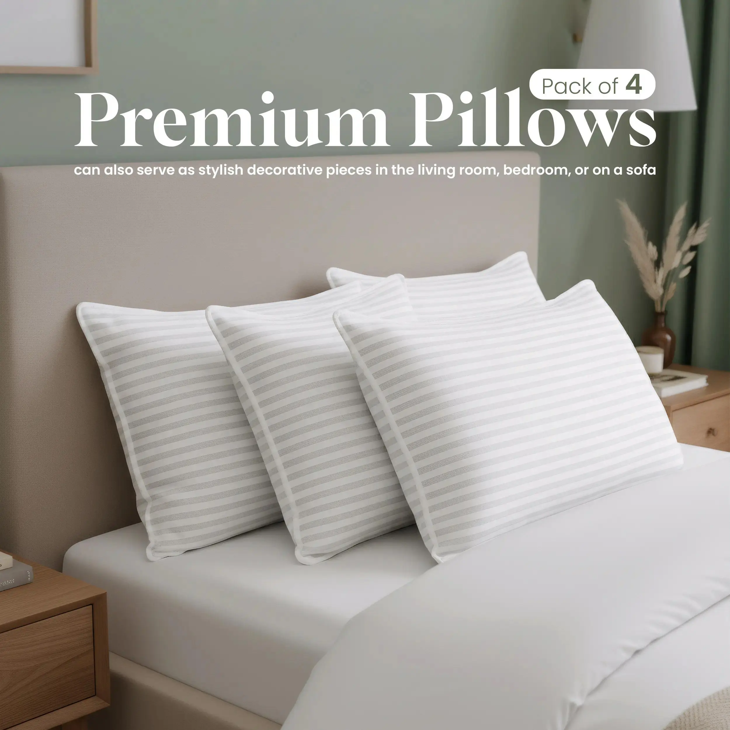 Utopia Bedding Premium Striped Bed Pillows for Back Stomach & Side Sleepers - Polycotton Soft Breathable Covers, No-Shift Construction, White, Pack of 2 - Polyester - Supportive Memory Foam