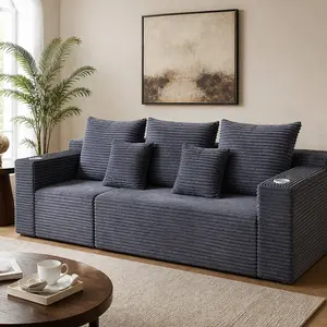 ARCH Modular Cloud Couch Deep Seat Corduroy Sectional Sofa with Cup Holders No Assembly Required 3 4 5 Seat Options Gray Dark Grey Green Black Living Room Furniture Family Movie Night Lounge, 3 Seat/4 Seat/5 Seat/6 Seat Color Options