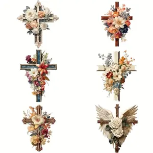 Cross & Flower Pattern Iron on DTF Transfer Sticker, 8 Counts/set Washable Heat Transfer Sticker, DIY Decal for T-shirt, Jeans, Mask, Backpack