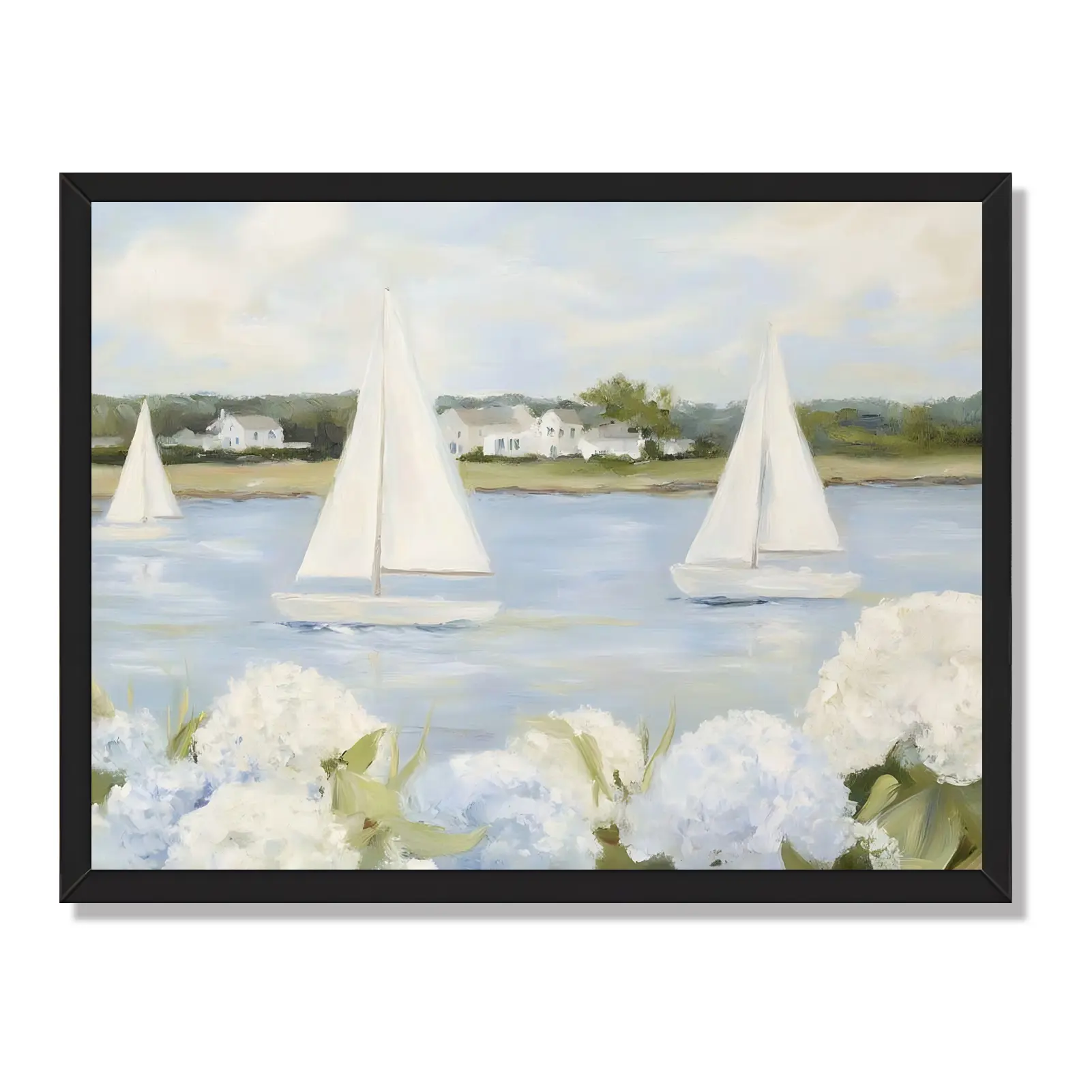 Eco-Friendly Inspirational Creamy Neutral Tones Nautical Hydrangea Seascape Canvas Poster - White Sailboat Lakeside Oil Print, Coastal Aesthetic Home Decor for Living Room,Bedroom,Classroom, Multi-Size Solid Wood Black Frame or Unframed Gift, Apartment Re