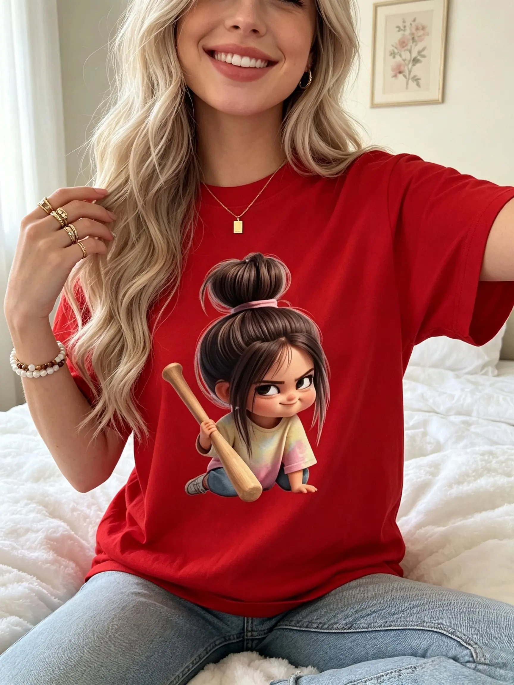 Viral TikTok Aesthetic Red Women’s Graphic T-Shirt Cute Sassy Moody Chibi Girl With Messy High Bun Holding Wooden Baseball Bat Print Soft Crew Neck Casual Summer Streetwear Top Ladies Everyday Loungew