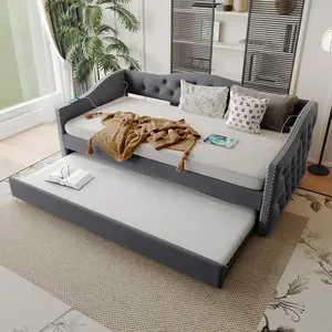 Twin Trundle Bed with USB Charging Design – Plush Velvet Fabric Daybed with Pop Up Trundle, Convertible Sofa Bed Frame for Bedroom/Living Room, Grey