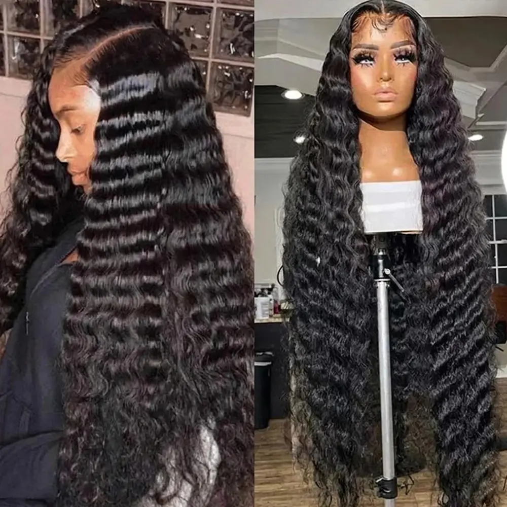 Bling Hair 32inch Deep Wave Lace Front Wigs Human Hair 13x6 HD Transparent Human Hair Lace Front Wigs for Women 180% Density Deep Curly Human Hair Wigs Pre Plcked Deep Wave Lace Frontal Wigs backtoschool