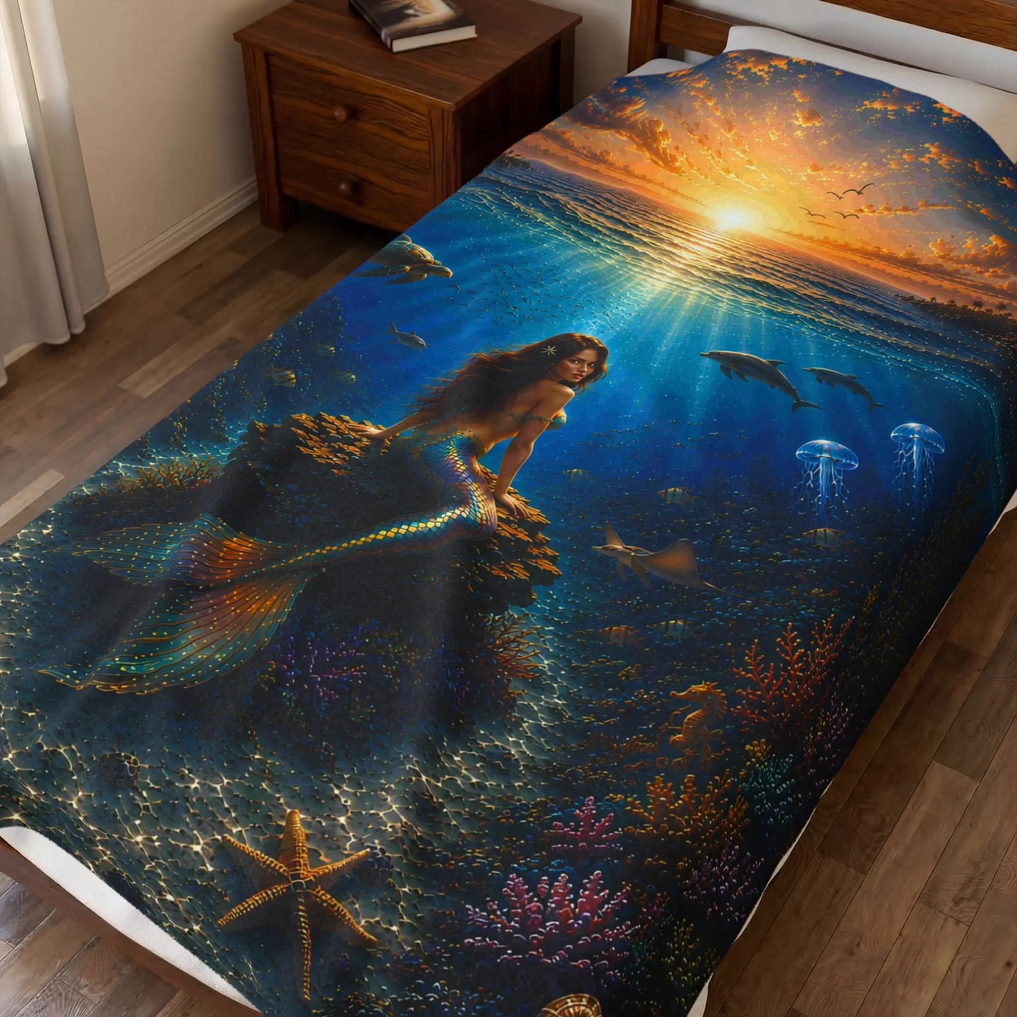 Sunset Silhouette Mermaid Velveteen Plush Blanket