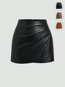 2026 Women's American Vintage Sexy Bodycon Solid Color PU Mini Skirt Bottom, Versatile For All Seasons