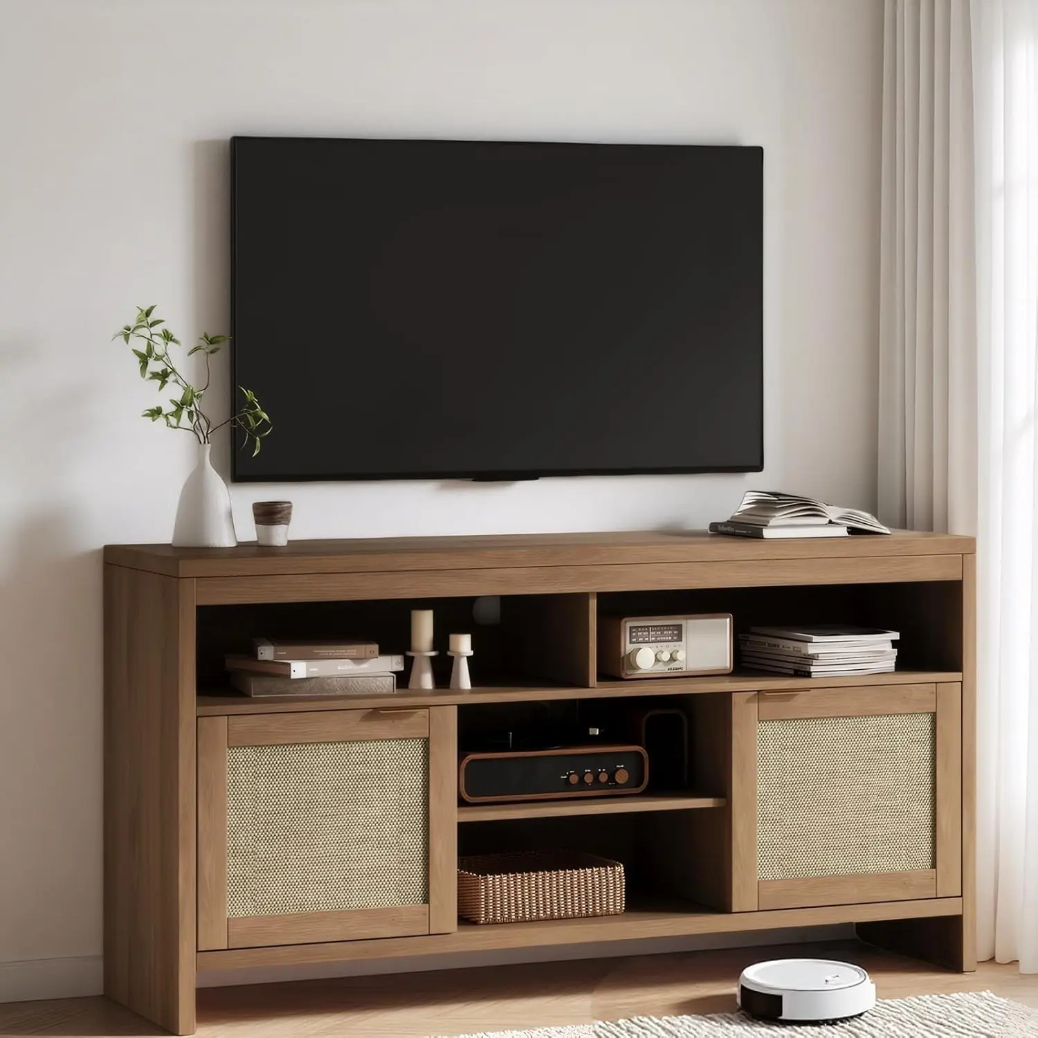 Boho Rattan TV Stand - 58-Inch Modern Brown Oak Wooden Entertainment Center with Adjustable Shelves, Storage Doors, Media Console for 65-Inch TVs, Living Room & Farmhouse Use, Entertainment Tv Stand
